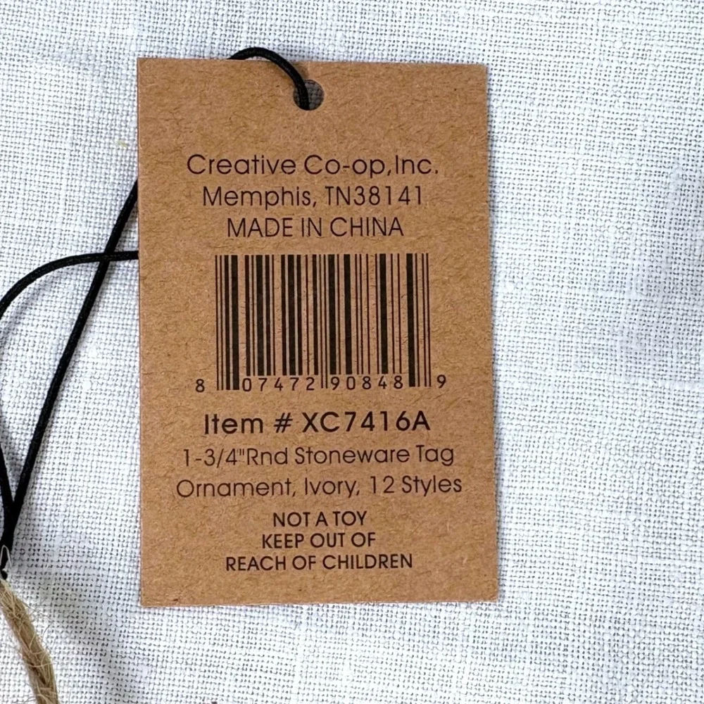 Creative Co-op Ivory Stoneware Tag Ornaments Set of 4 Shine Magic Noel
